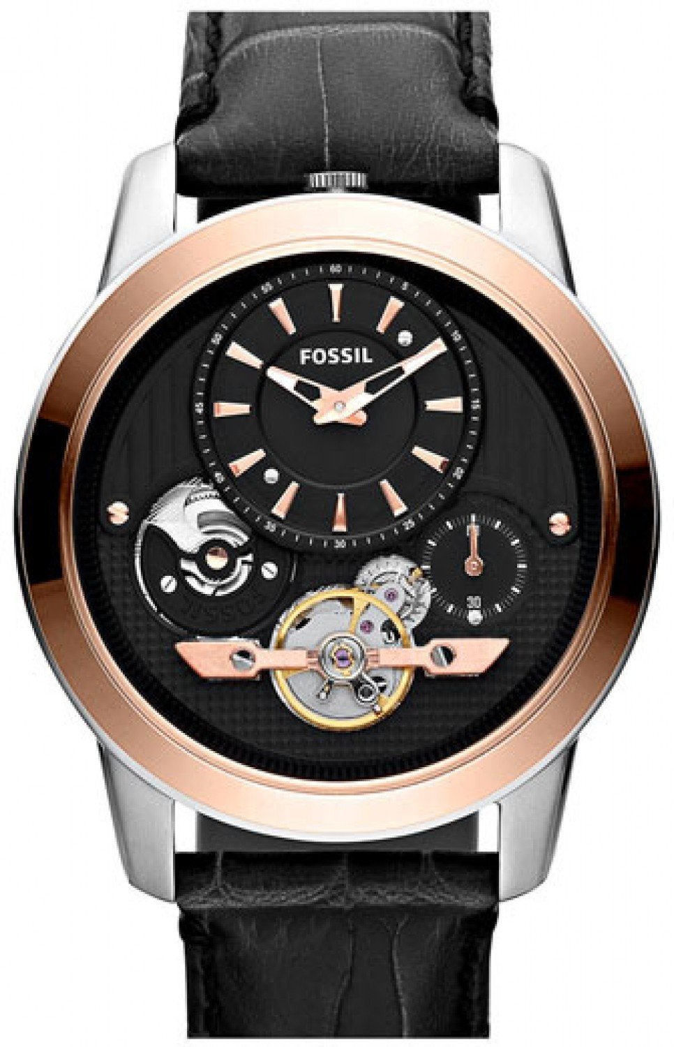 Đồng Hồ Fossil Twist Leather Strap Watch Black Rosegold 44mm