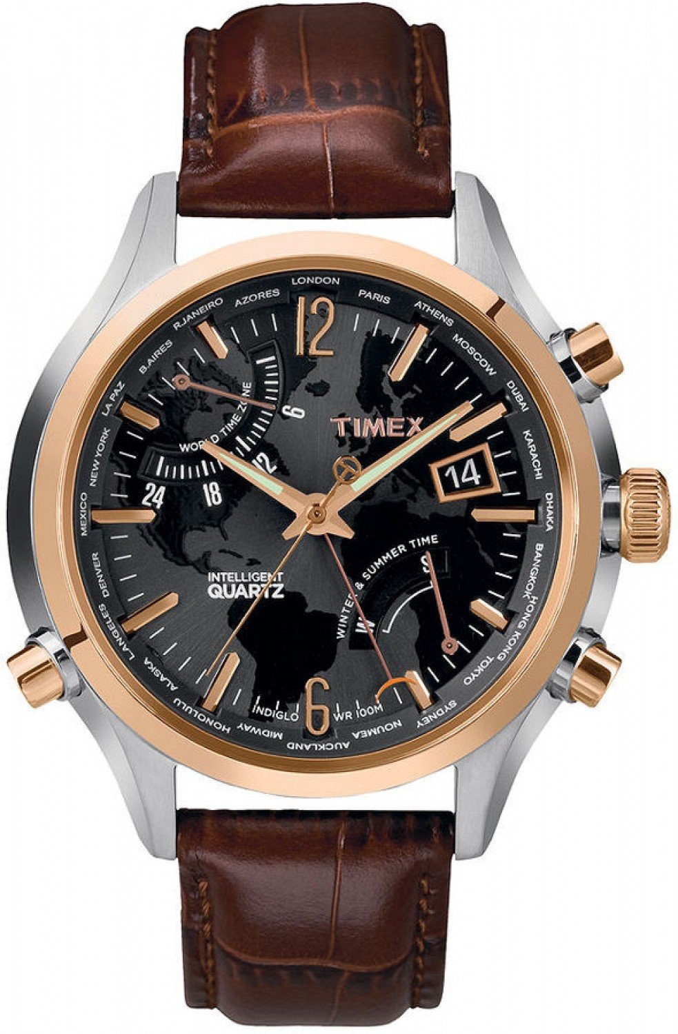 Đồng hồ Men's Premium Intelligent Quartz World Time Brown Leather Strap  44mm ✓ 